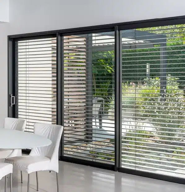 Brise-soleil orientable ouvert devant une cuisine contemporaine